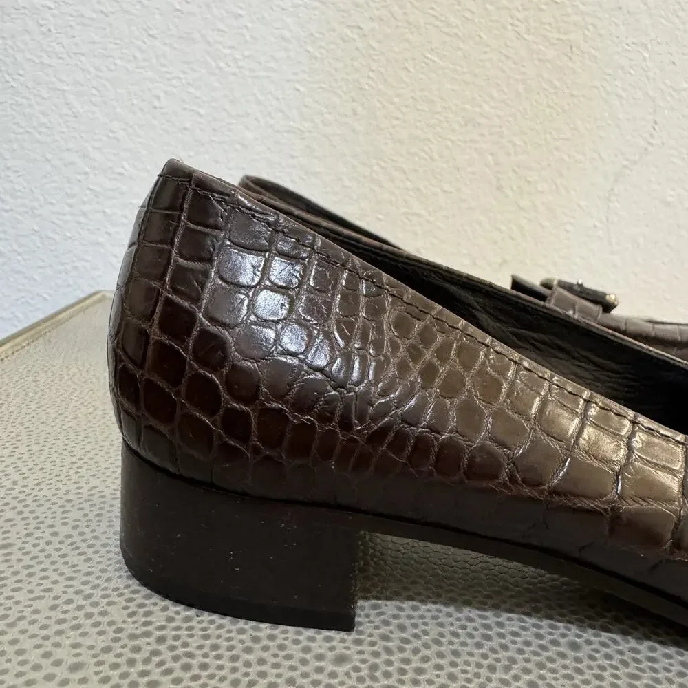 Prada 90s Y2K VTG Brown Croc Pattern Buckle Kitten Heels Pumps Shoes 37.5 7.5